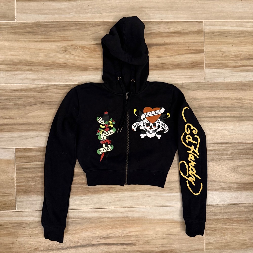 Ed Hardy Love Kills Slowly Black Cropped Zip Up Hoodie Y2K EHW1800-11 Mens S